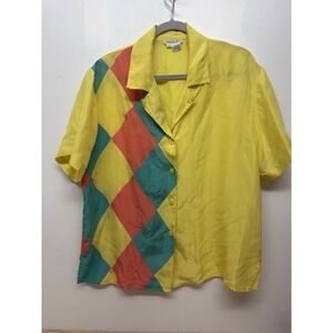 Vintage 100% Silk Foshika 90' Women's Yellow Geometric Button Up Shirt Large #52